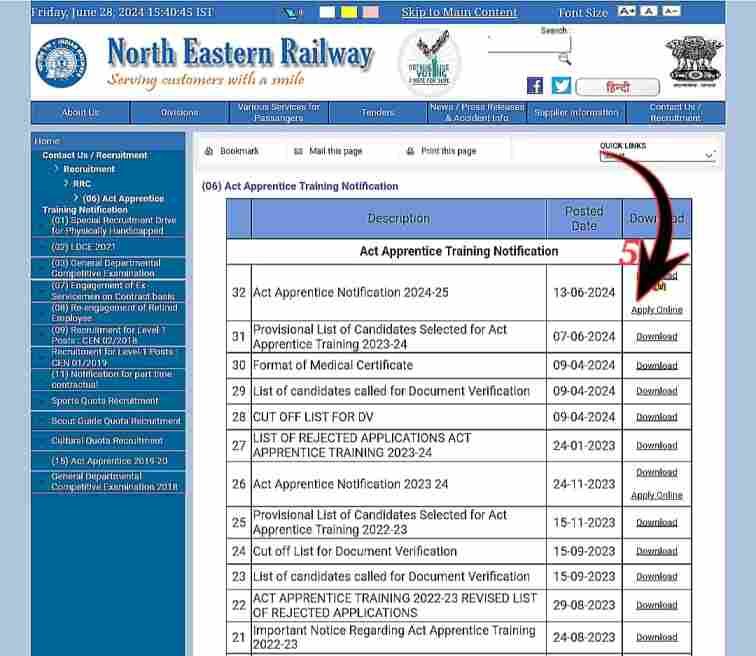 Apply Online RRC NER Apprentice Bharti 2024