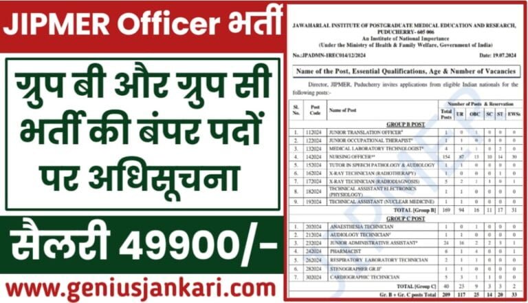 JIPMER Officer Vacancy Notification