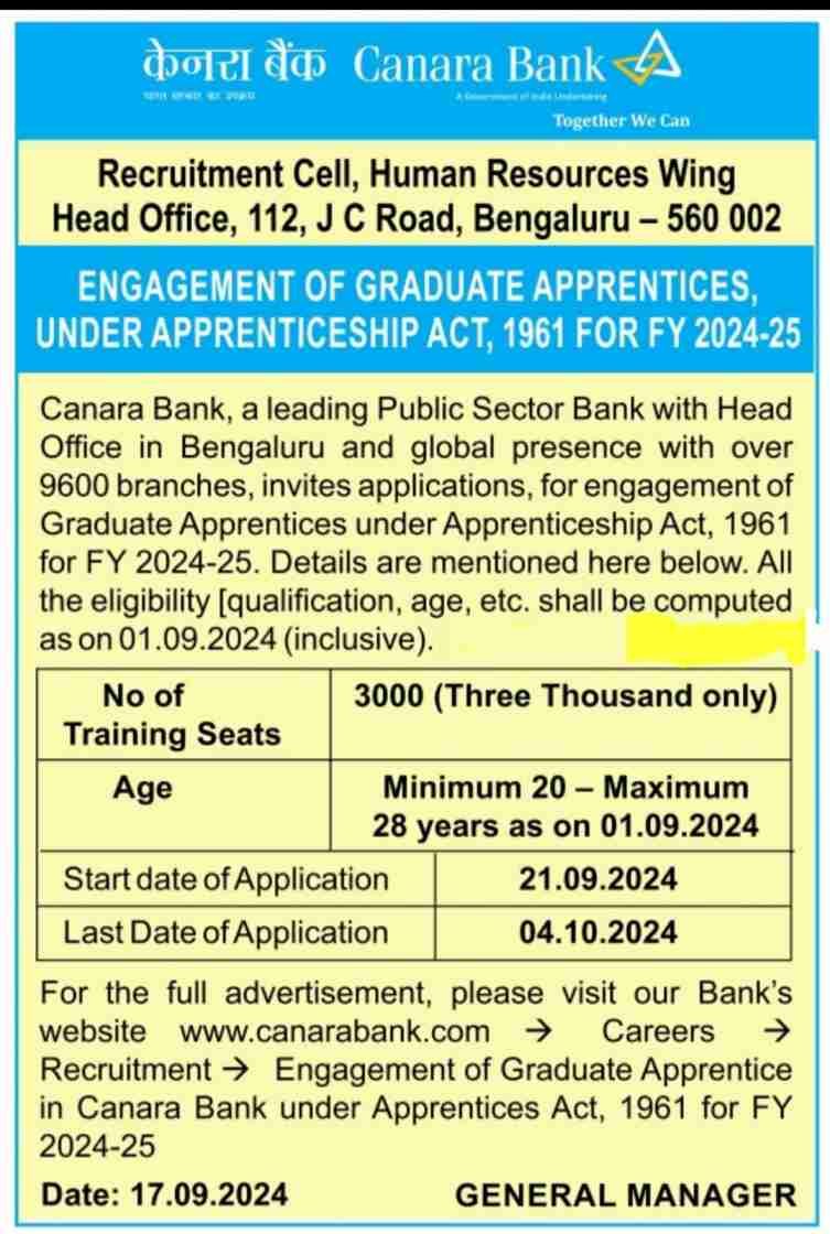 Canara Bank Vacancy 2024 Notification