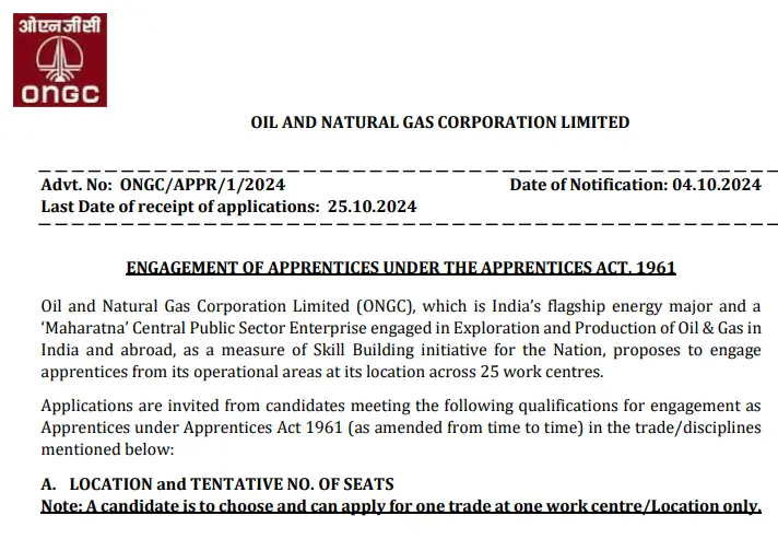 ONGC Apprentice Vacancy 2024 Notification