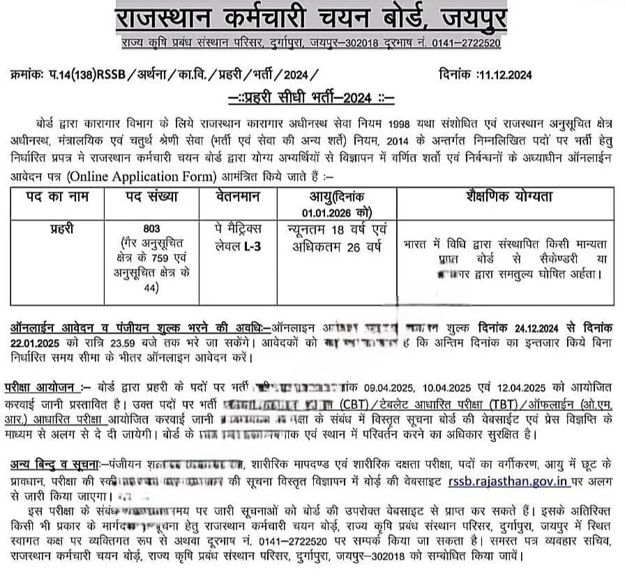 Rajasthan Jail Prahari Vacancy 2025 Notification