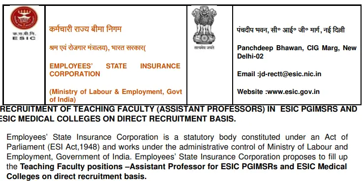 ESIC Assistant Professor Vacancy 2025 Notification