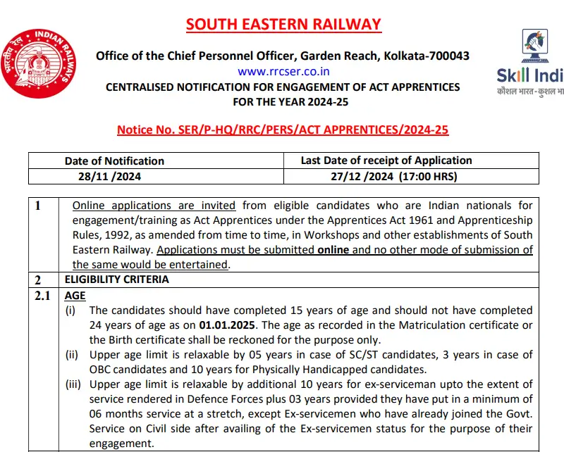 RRC SER Vacancy 2024 Notification