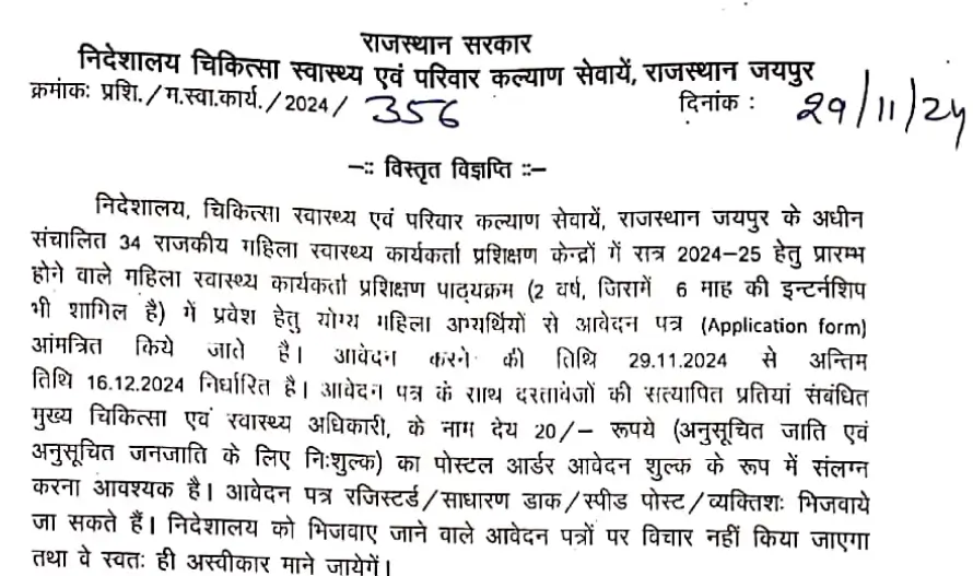 Rajasthan ANM Admission 2025 Notification